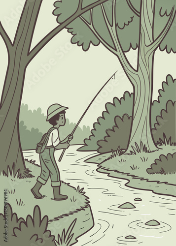 Boy fishing in a river in a forest illustration with trees