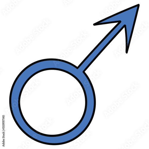 Hand drawn cartoon blue male gender symbol on white background.