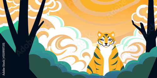 Stylized Tiger Illustration with Trees and Clouds in a Flat Design Style