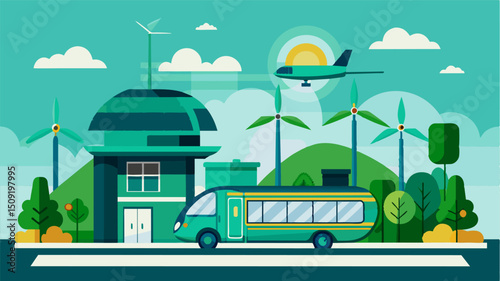 A green transport hub powered by renewable energy and fueled by innovative air taxis offering a new era of sustainable and convenient travel.. Vector illustration