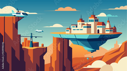 A city perched on the edge of a cliff with gravitydefying air taxis ferrying passengers to and from the top of the towering buildings.. Vector illustration