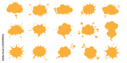 Collection of fifteen orange comic book speech bubbles and explosions