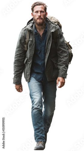 A bearded man, dressed in hiking gear, confidently strides forward, showcasing a sense of adventure and determination.