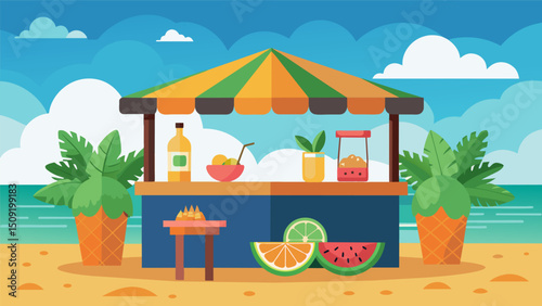 A tropical beach bar with a wide selection of aguas frescas including exotic flavors like passion fruit and guava.. Vector illustration