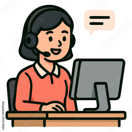 Cartoon woman with headset at a computer depicted with clear outlines and bright colors
