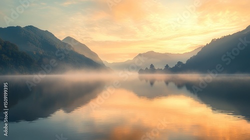 Misty sunrise over a tranquil lake nestled amongst mountains.