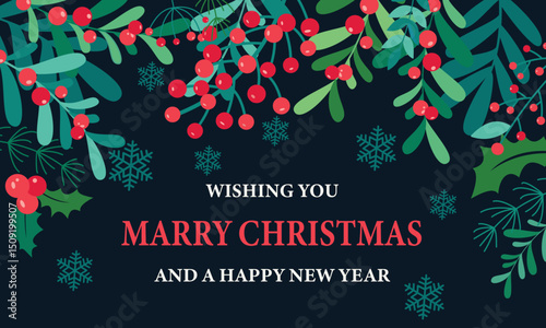 Christmas and Holiday Card Layout with Festive Foliage Snowflake Illustrations | Adobe Stock