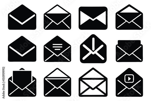 Collection of iconographic black and white envelope illustrations representing communication and messaging