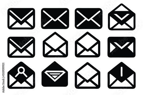 Collection of black and white email icons illustrating communication and messaging concepts