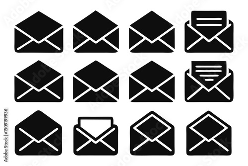 Set of black envelope icons illustrating messaging digital communication and mail concepts