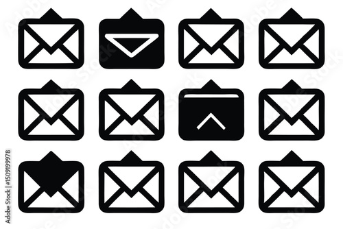 Set of simple black envelope icons representing email communication and messaging