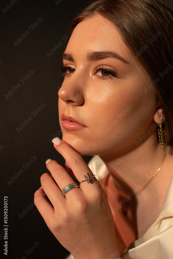 Obraz premium girl's face in profile with hand near face