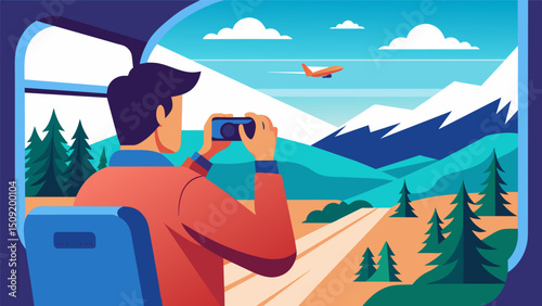 A man eagerly snapping photos of the breathtaking scenery below from the windows of the air taxi.. Vector illustration