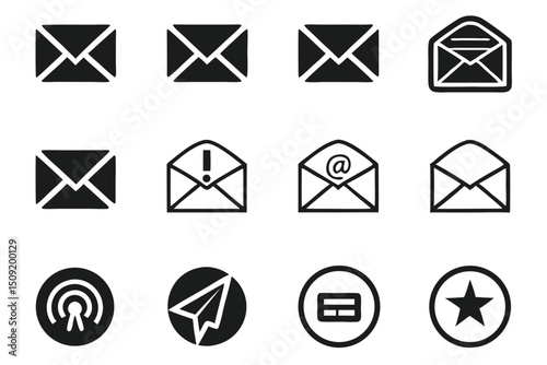 Collection of email and social media icons in a clean black and white vector style