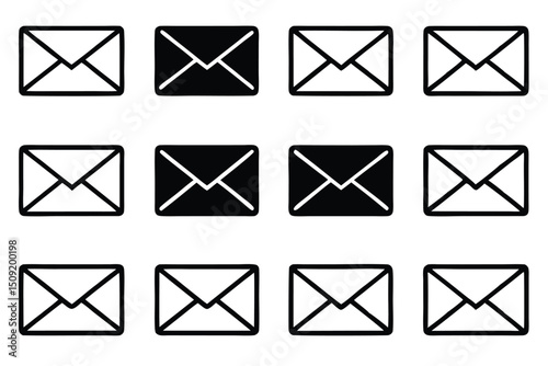 Simple vector illustration of twelve black and white envelopes arranged in a grid pattern