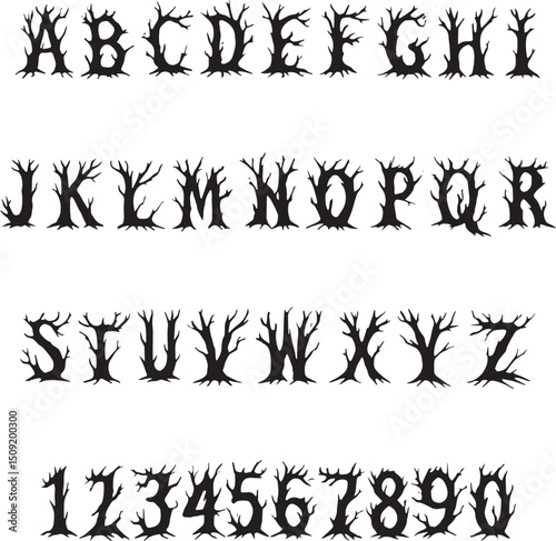 Haunted Dead Trees typography font lettering ABC cartoon vector text