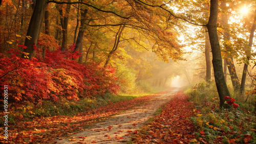 Autumn forest pathway covered in fallen red and orange leaves, sunlight creating a dreamy golden glow