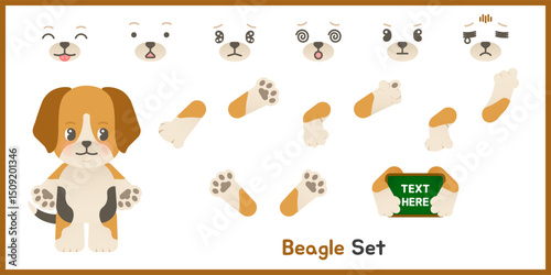 A set of cute beagle dog clipart with 7 facial expressions and 6 arm poses. Ideal for teaching tools, creative content, educational materials, and pet-themed visual projects.