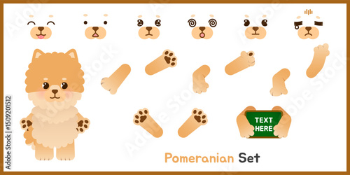 A set of cute Pomeranian dog clipart with 7 facial expressions and 6 arm poses. Ideal for educational materials, digital stickers, character design, and pet-themed creative projects.