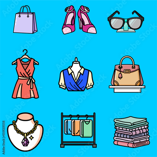 Shopping 9 fashion icons include purse shoes dress glasses shopping bag and accessories