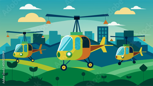 A fleet of biofuelpowered gyrocopters demonstrating the potential of sustainable biofuels in aviation and reducing dependency on fossil fuels.. Vector illustration
