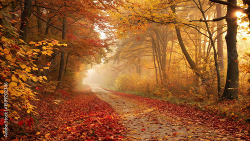 Autumn forest pathway covered in fallen red and orange leaves, sunlight creating a dreamy golden glow