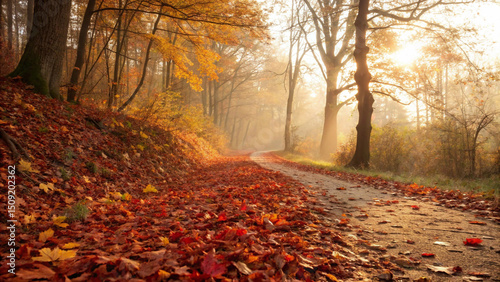 Autumn forest pathway covered in fallen red and orange leaves, sunlight creating a dreamy golden glow