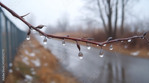 Water droplets hanging on a branch in a winter landscape   photo