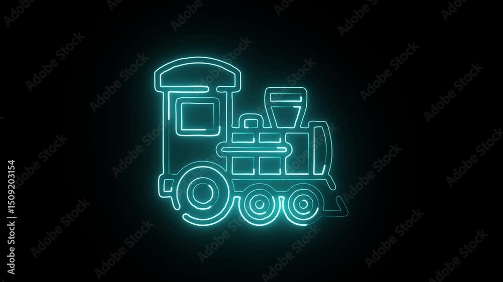 glowing neon toy train icon isolated, black background, HD video motion graphic animation