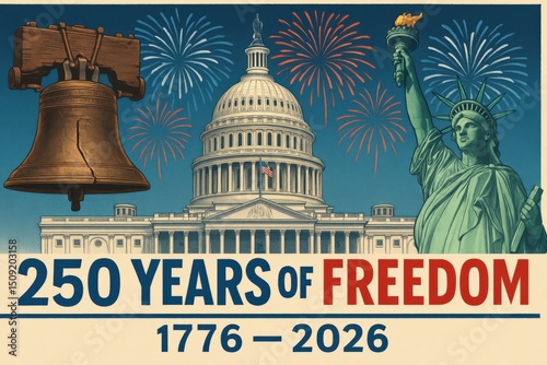 Capitol With Liberty Icons And 250 Years Of Freedom Text