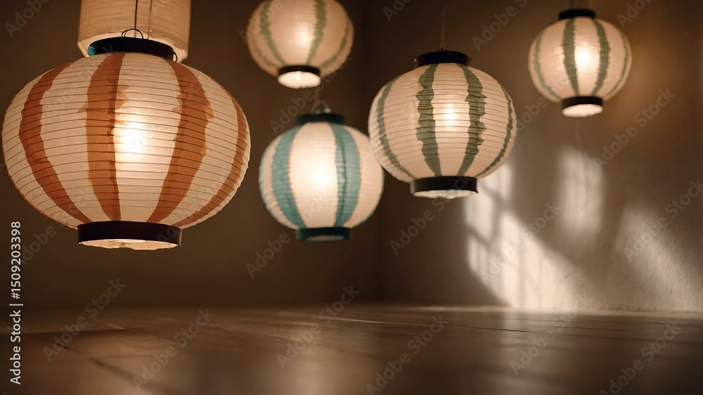Fototapeta premium Five paper lanterns hang in a room casting light and shadows.