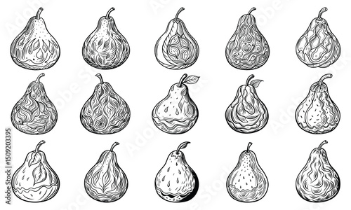 High-Quality Pear fruit Coloring Page Featuring Detailed Line Art, Perfect for Relaxation, Stress Relief, and Printable Art Therapy Activities or Adult Coloring Books.