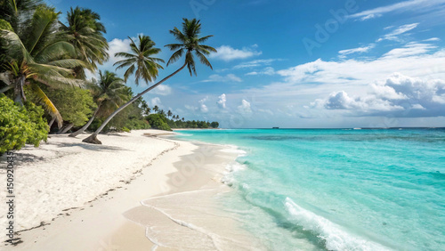 Tropical beach with white sand, turquoise waves, and palm trees under a clear sky, perfect summer escape wallpaper