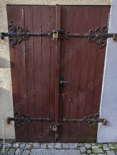 Old wooden door, to the basement, dark brown in color, on metal hinges