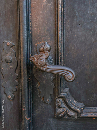Part of a  front door, made of wood, black in color, metal handle, interesting shape