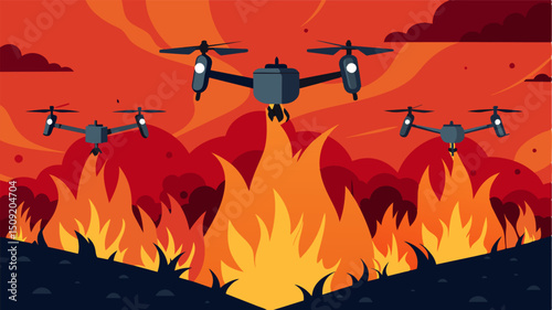 A group of autonomous firefighting drones swoop in to battle a raging wildfire utilizing advanced heat sensing technology and coordinated flight patterns to contain the blaze.. Vector illustration