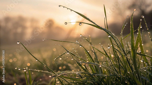 Close-up of dew-covered grass blades at golden hour, soft focus and bokeh background, natural freshness theme