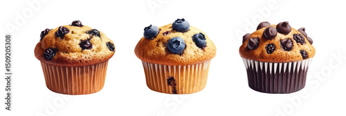 Fresh Muffins Blueberry Chocolate Chip Bran  isolated on a transparent backgroun