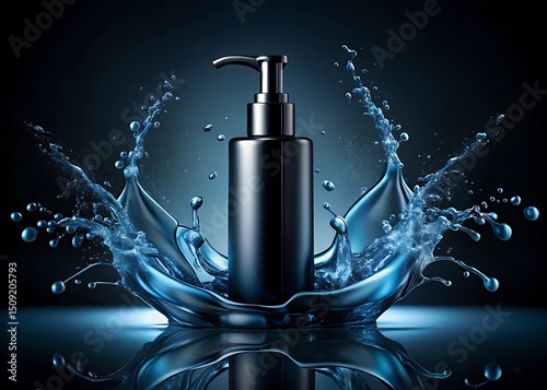 A black pump bottle surrounded by a splash of water on a dark blue gradient background studio shot