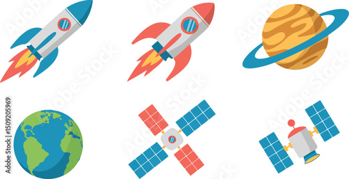 Flat Vector Space Exploration Set on Black Background Rockets Planets Satellites Cosmos Astronomy Adventure Discovery