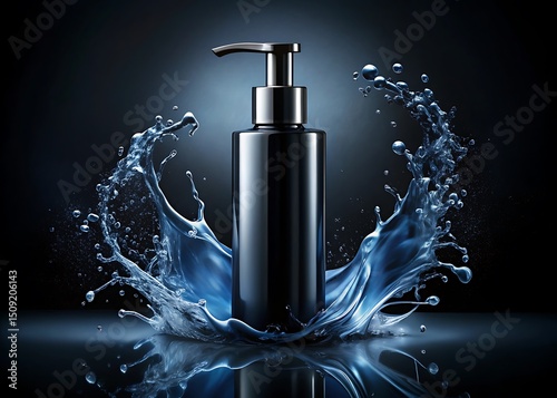 A sleek black bottle with a pump surrounded by a dynamic splash of water on a dark background