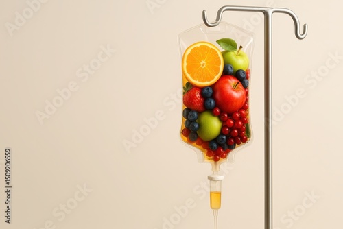 Fototapeta Naklejka Na Ścianę i Meble -  Conceptual Medical Image of a Saline IV Drip Bag Morphing into Fresh Fruits like Oranges and Apples Symbolizing Vitamin Infusion and Natural Healthcare Web Banner
