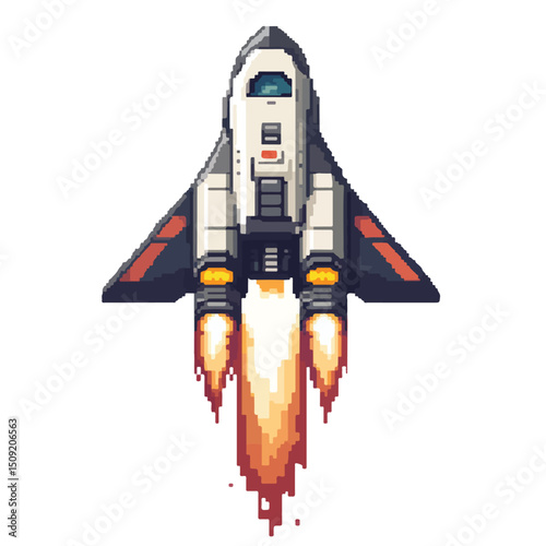 Detailed Pixelated Videogame Spaceship Taking Off Vector Illustration