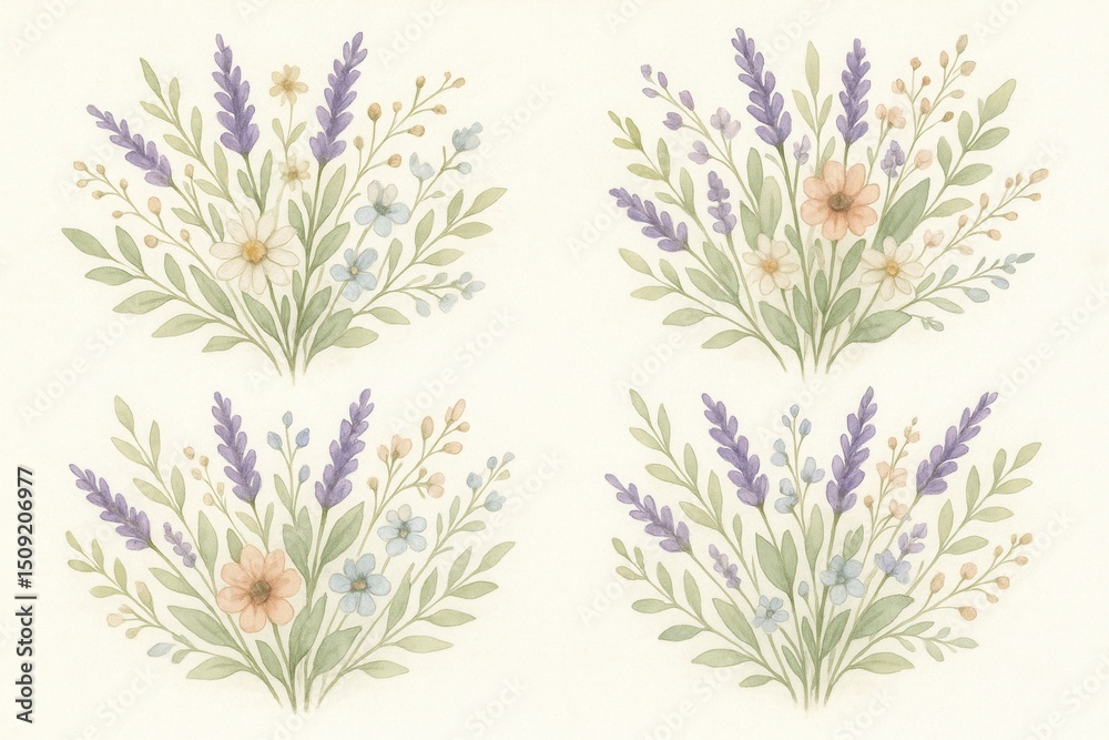 Naklejka premium Delicate Watercolor Floral Arrangements with Lavender Wildflowers Leaves and Branches Botanical Illustration Bouquets