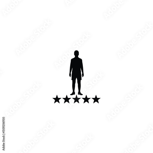 Silhouette of a person figure standing with five stars below indicating user rating on white background