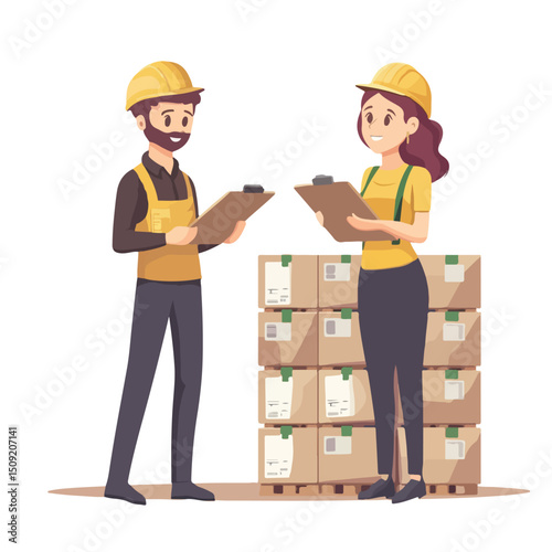 Professional Warehouse Workers Managing Inventory with Clipboard and Boxes Vector Illustration