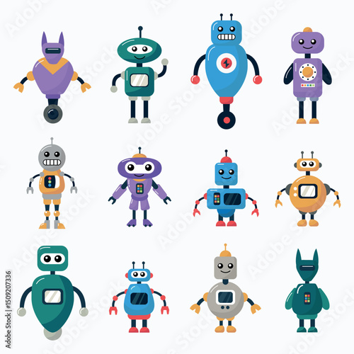 Cartoon Robot Character Illustration Set. White background, isolate