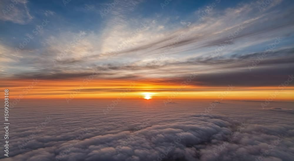 Aerial sunset view above cloud layer stunning colors