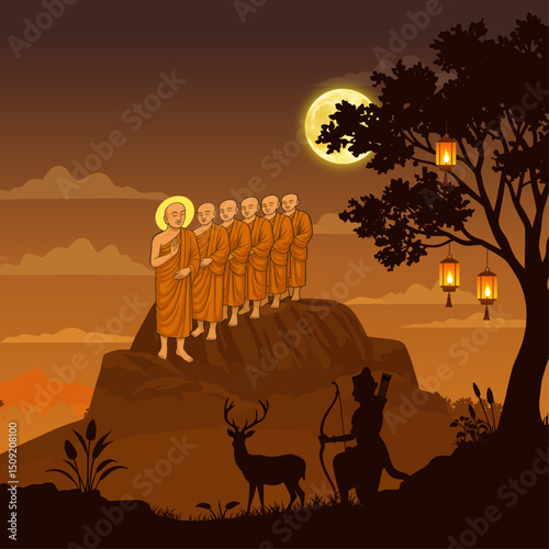 Poson Day Background with Mihintale Silhouette and Full Moon – Buddhist Festival Design Resource for Sri Lanka