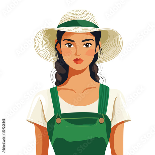 Female Farmer Cartoon Character in Green and White - Vector Illustration for Agriculture and Farming Concepts